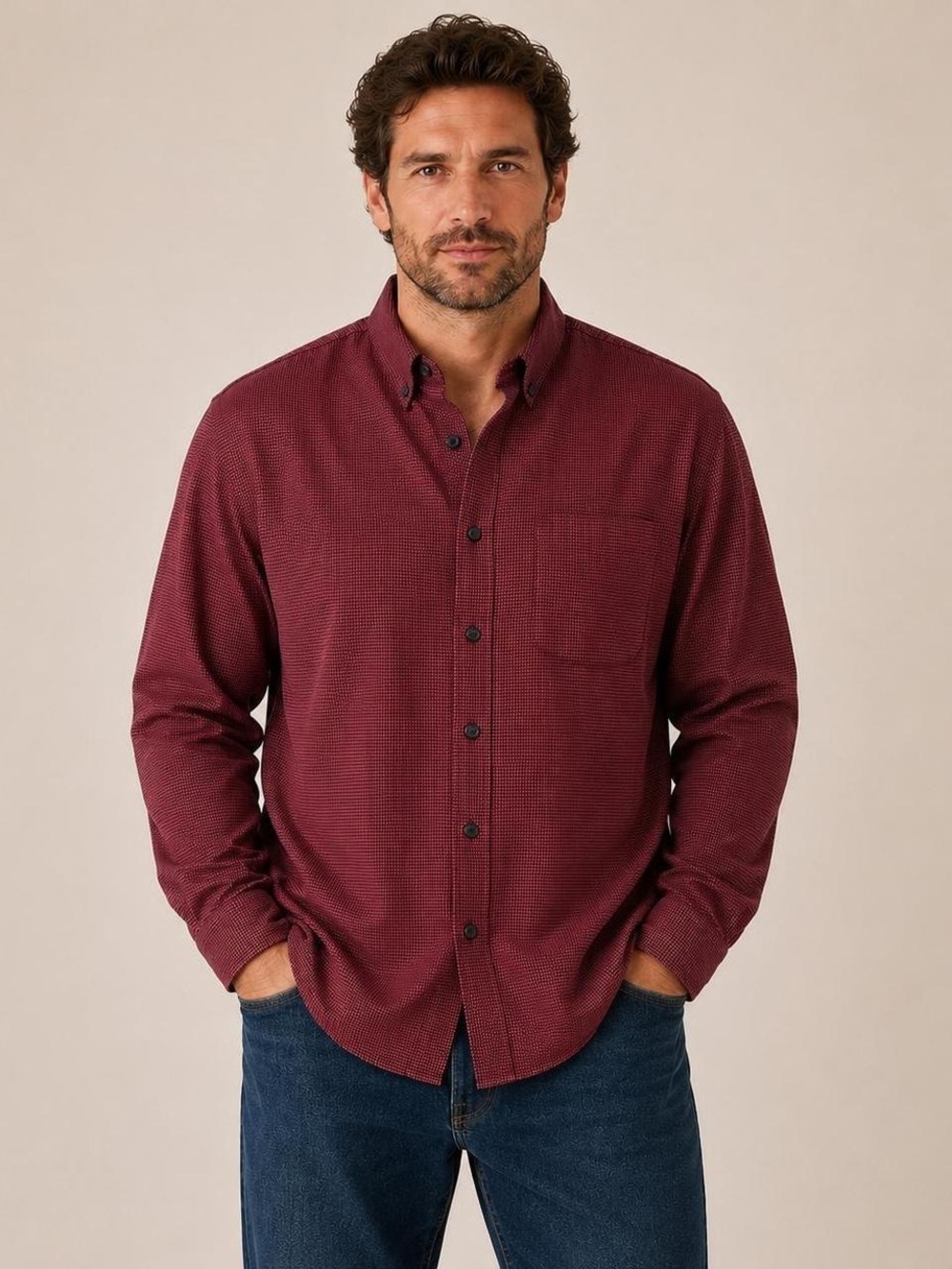 L.L. Bean Men's Wicked Good Flannel Shirt, Traditional Fit, Houndstooth, Maroon